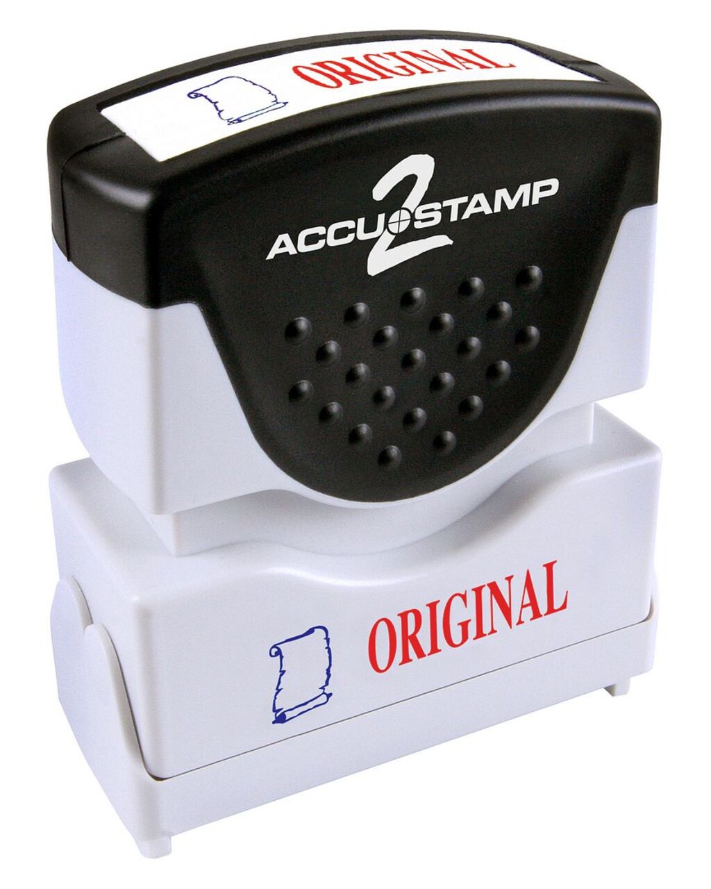 ACCUSTAMP2 Message Stamp, 2-color, Pre-inked, ORIGINAL, 1-5/8" x 1/2" impression size, Red Message with Blue Symbol